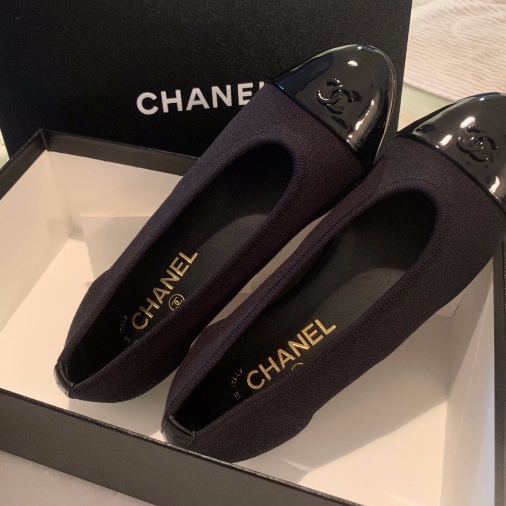 Chanel Fabric Patent Cap Toe Ballet Flats 37.5